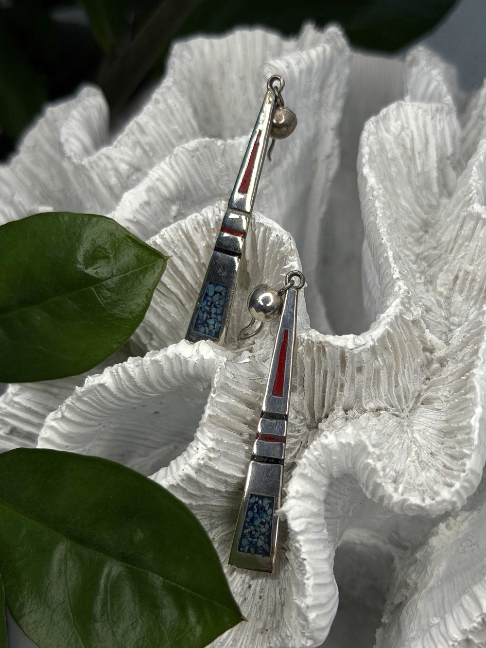925 Sterling Silver Turquoise & Coral Dangle Earrings Mexico